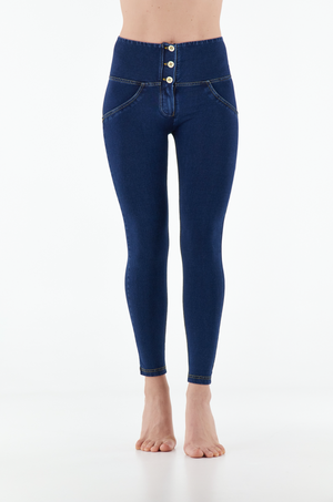 Dark Denim 3 Button Shaping Jeans – High Waist, Ankle Length, Yellow Stitch – view 4
