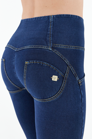 Dark Denim 3 Button Shaping Jeans – High Waist, Ankle Length, Yellow Stitch – view 5