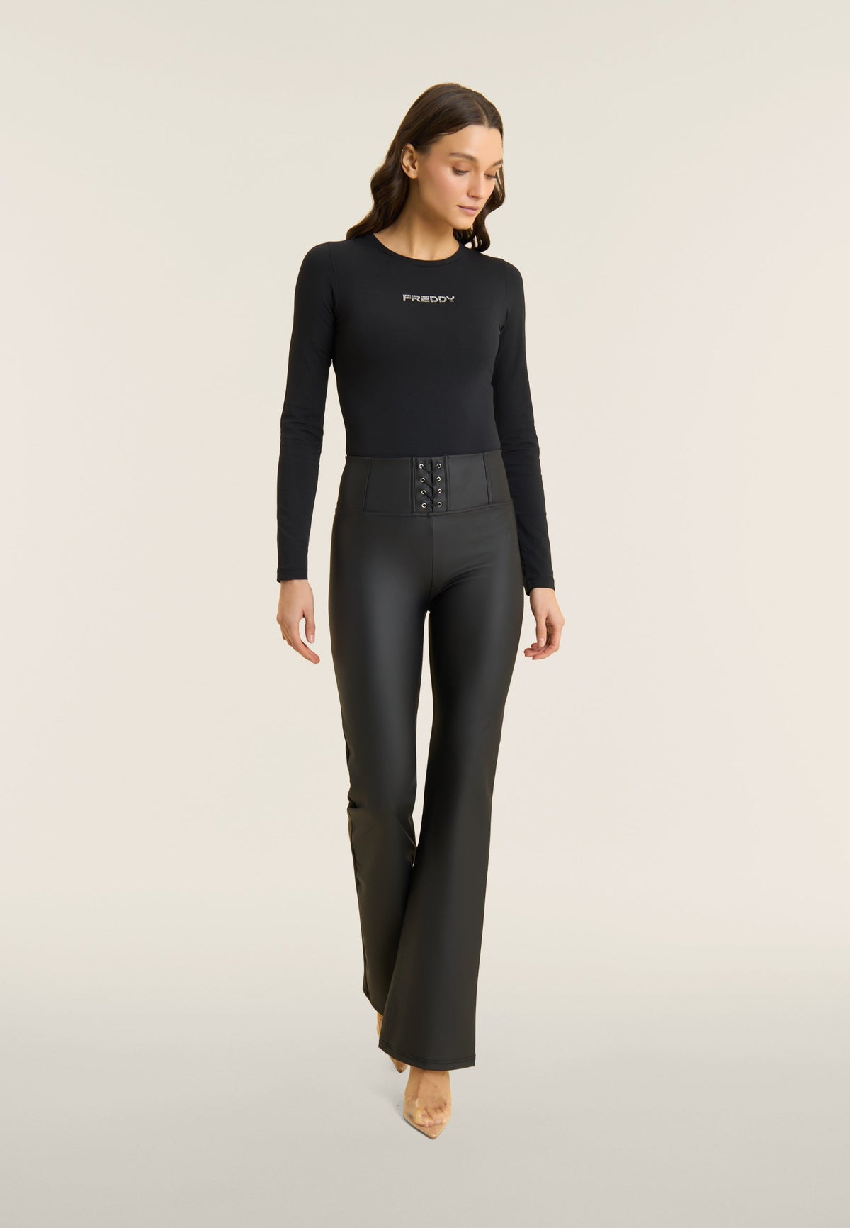 Black Lace-Up Faux Leather Flares – High Waist – view 3