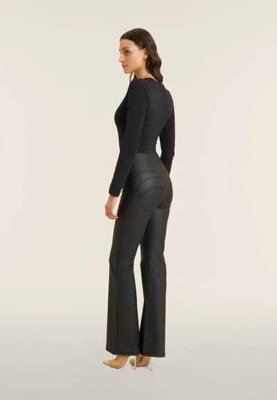 Flared Lace Up Front Detail Leather Black High Waist