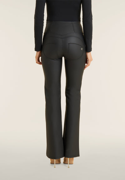 Flared Lace Up Front Detail Leather Black High Waist