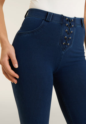 Dark Denim Lace-Up Flare Jeans – High Waist – view 4