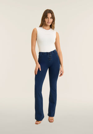 Dark Denim Lace-Up Flare Jeans – High Waist – view 5