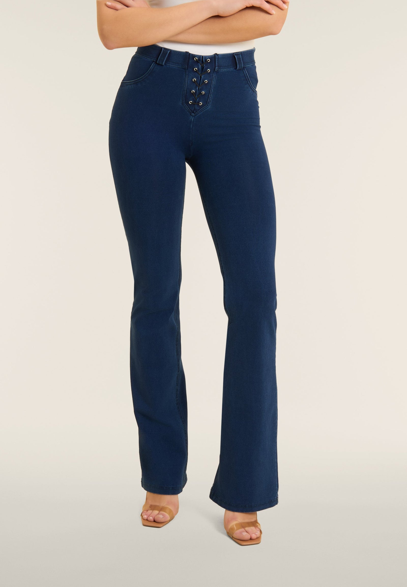 Dark Denim Lace-Up Flare Jeans – High Waist – view 2