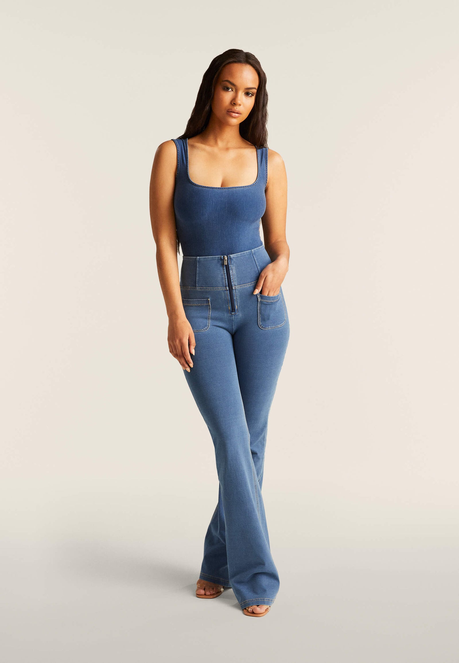 Light Denim Flares with Pockets High Waist