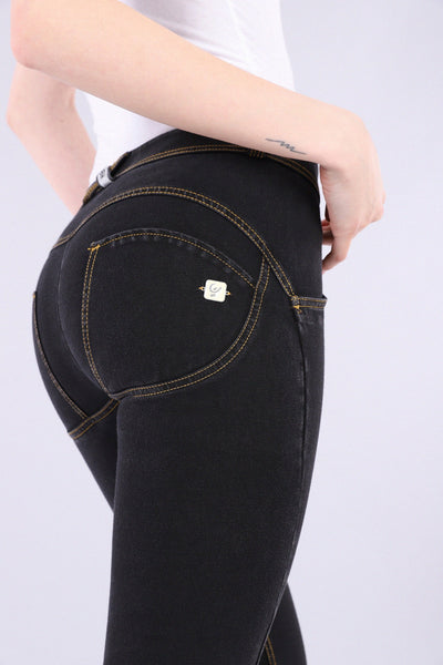 Black Denim Yellow Stitch Mid Rise Full Length