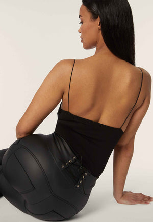 Black Lace-Up Faux Leather Leggings – High Waist, Full Length