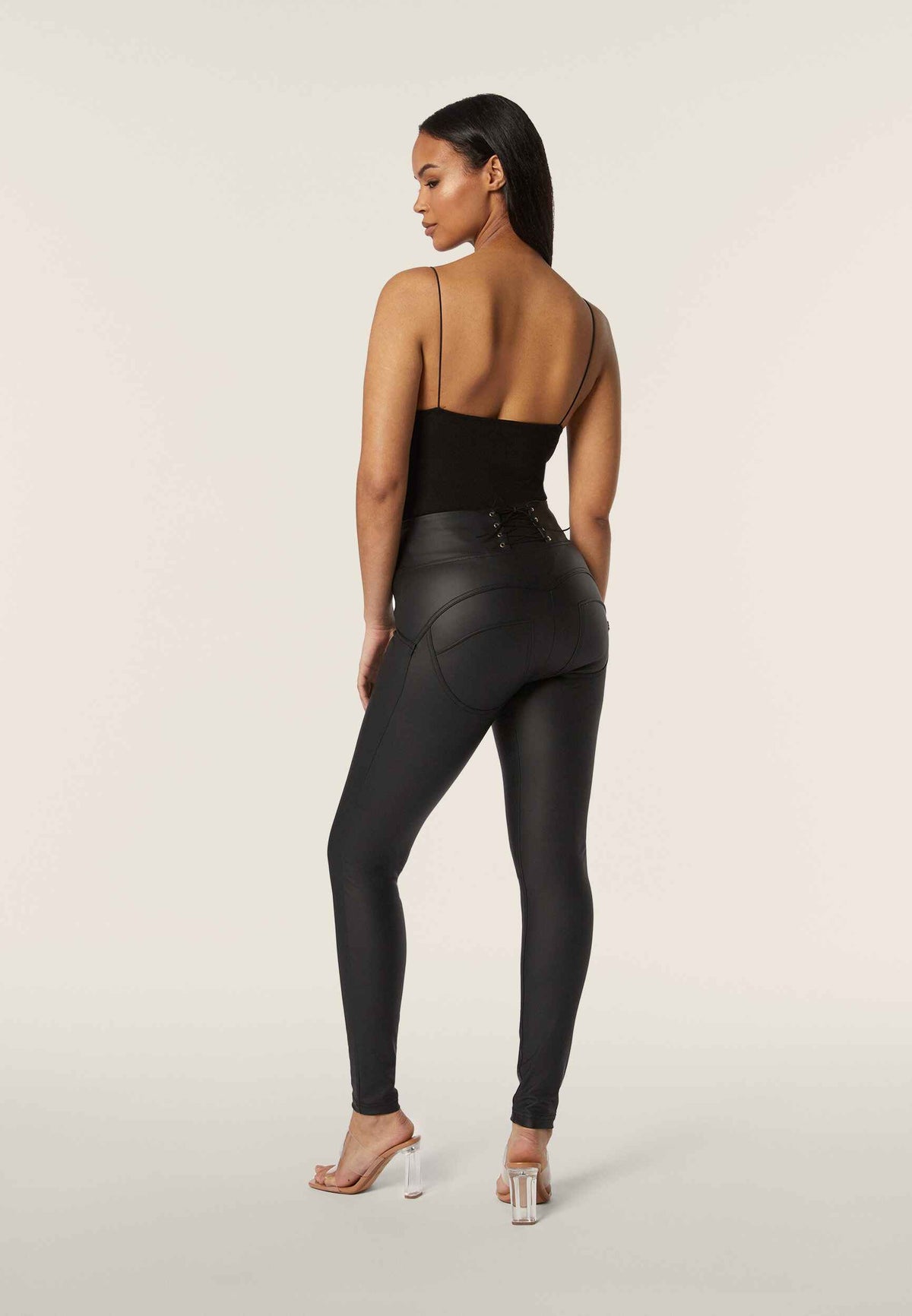 Black Lace-Up Faux Leather Leggings – High Waist, Full Length – view 5