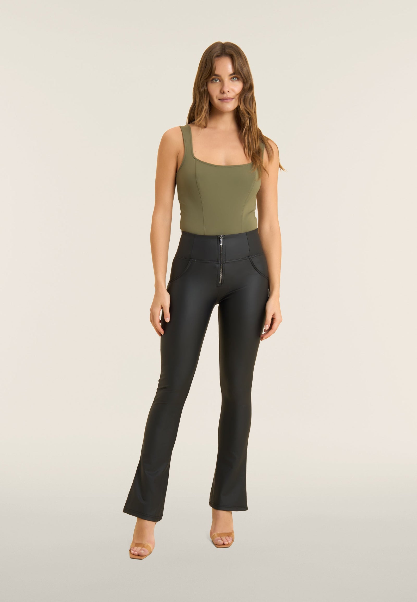 Black Faux Leather Mini Flares – High Waist, 7/8 Length – view 2