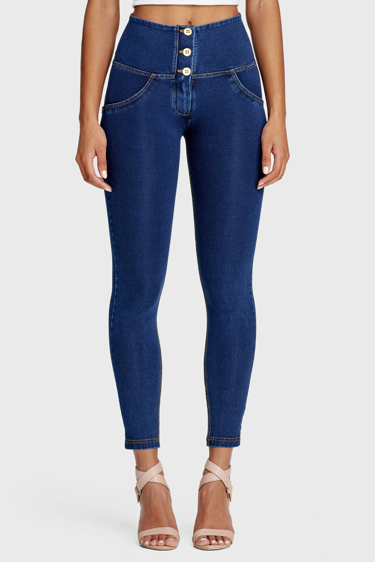 Dark Denim 3 Button Shaping Jeans – High Waist, Ankle Length, Yellow Stitch – view 6