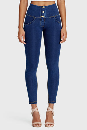 Dark Denim 3 Button Shaping Jeans – High Waist, Ankle Length, Yellow Stitch – view 6