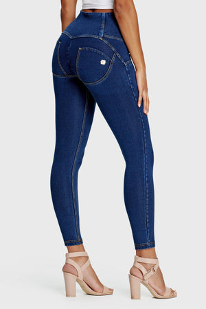Dark Denim 3 Button Shaping Jeans – High Waist, Ankle Length, Yellow Stitch – view 8