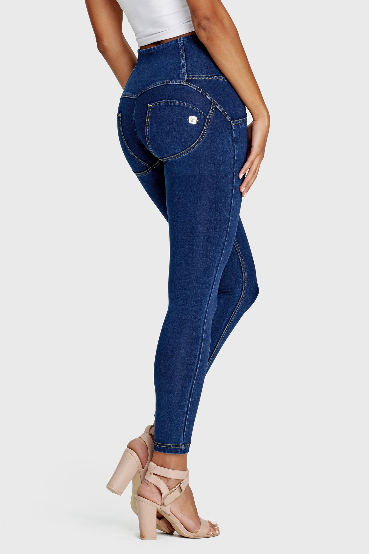 Dark Denim 3 Button Shaping Jeans – High Waist, Ankle Length, Yellow Stitch – view 7