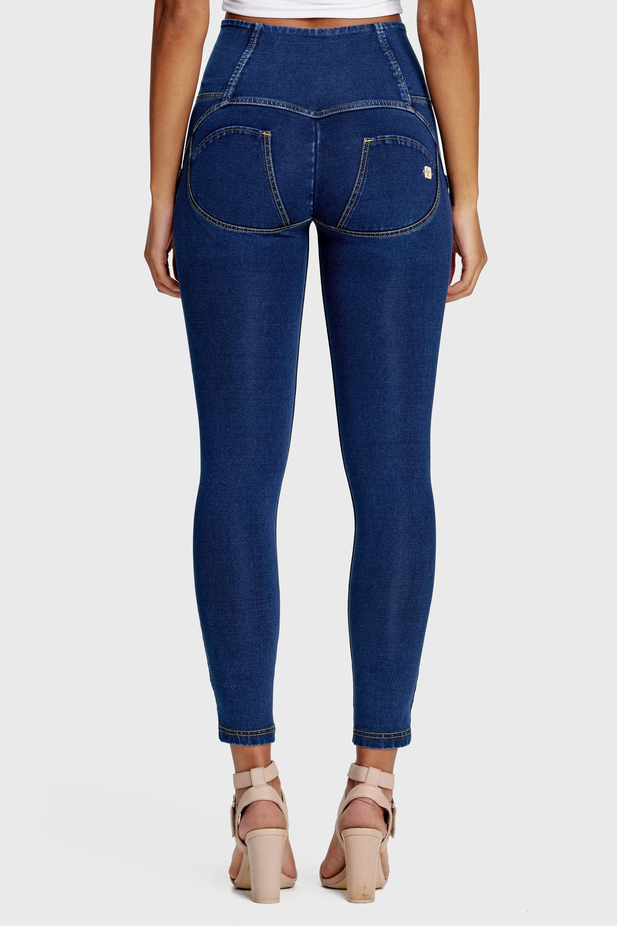 Dark Denim 3 Button Shaping Jeans – High Waist, Ankle Length, Yellow Stitch – view 9