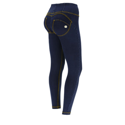 Dark Denim Yellow Stitch High Waist Ankle Length
