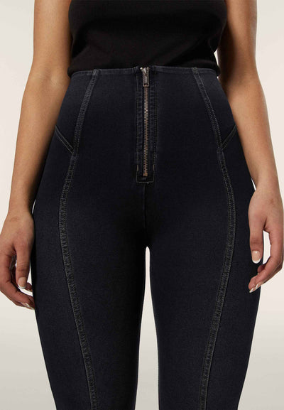 Limited Edition Denim High Waist Pants with Central Seam and Gold Zip