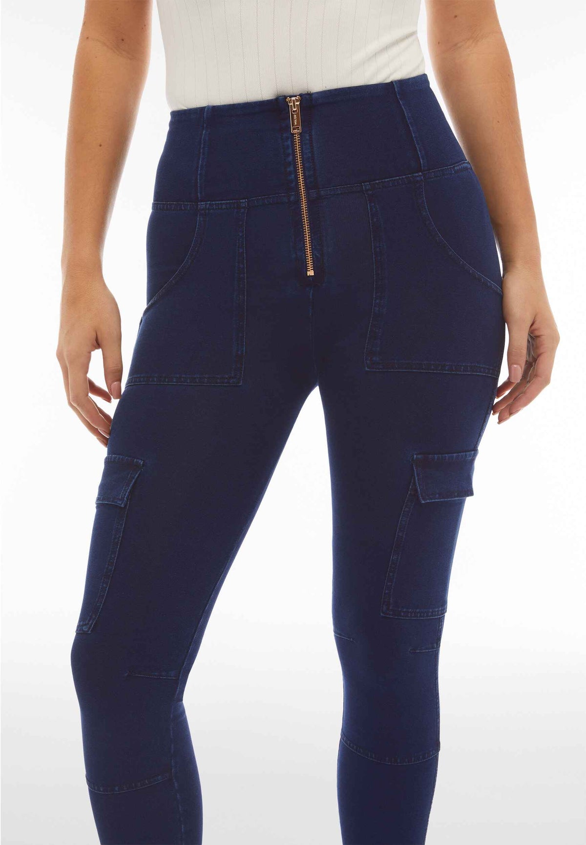 Dark Denim Cargo Jeans – High Waist, Ankle Length, Blue Stitch – view 3