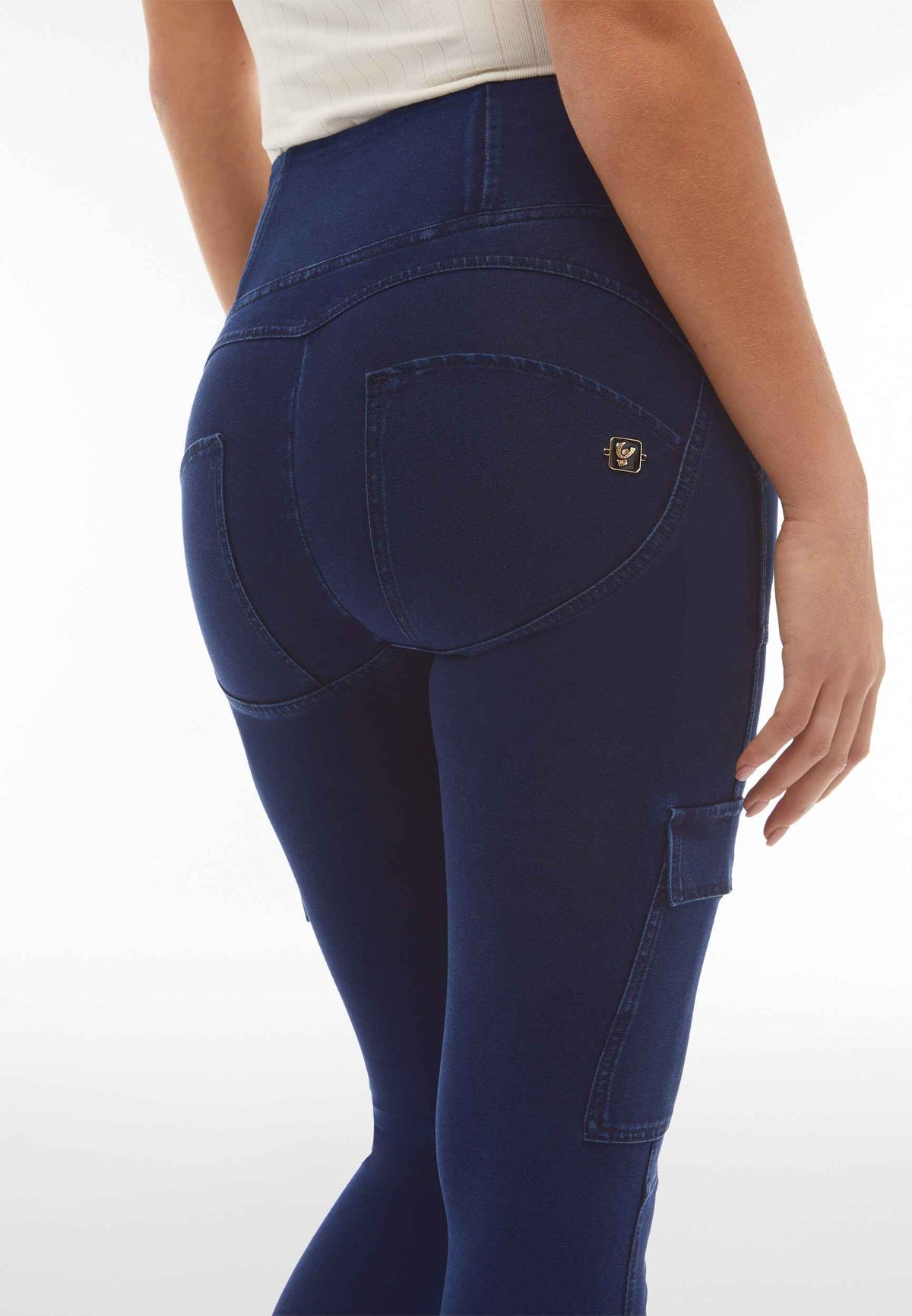 Dark Denim Cargo Jeans – High Waist, Ankle Length, Blue Stitch – view 2
