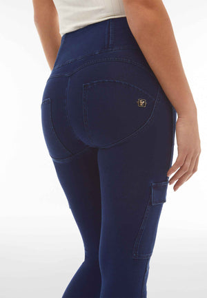 Dark Denim Cargo Jeans – High Waist, Ankle Length, Blue Stitch – view 2
