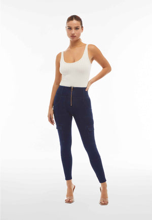 Dark Denim Cargo Jeans – High Waist, Ankle Length, Blue Stitch