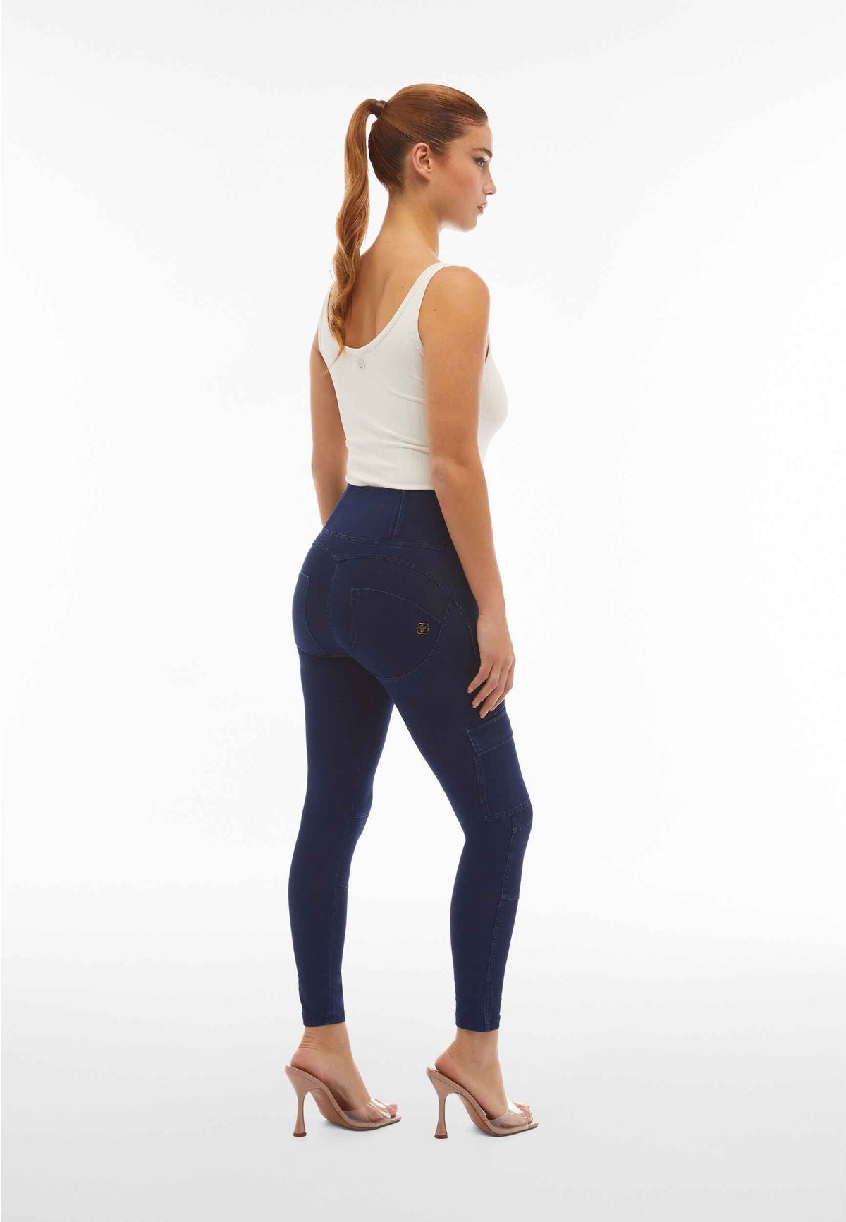 Dark Denim Cargo Jeans – High Waist, Ankle Length, Blue Stitch – view 4
