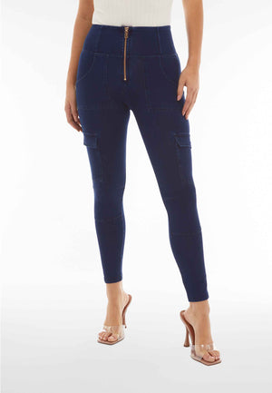 Dark Denim Cargo Jeans – High Waist, Ankle Length, Blue Stitch – view 5