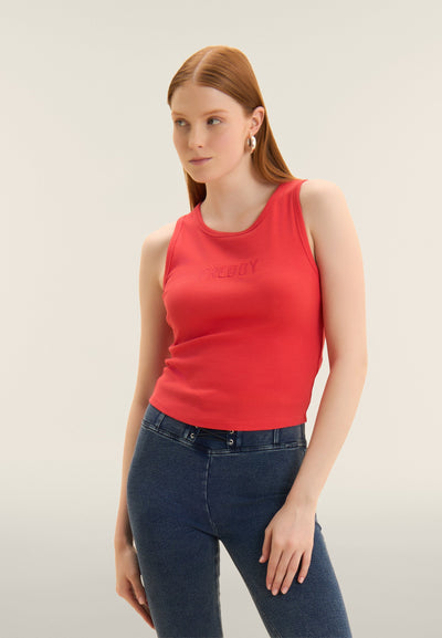Fushia Cropped Ribbed Tank with Embroidered FREDDY Logo