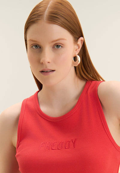 Fushia Cropped Ribbed Tank with Embroidered FREDDY Logo