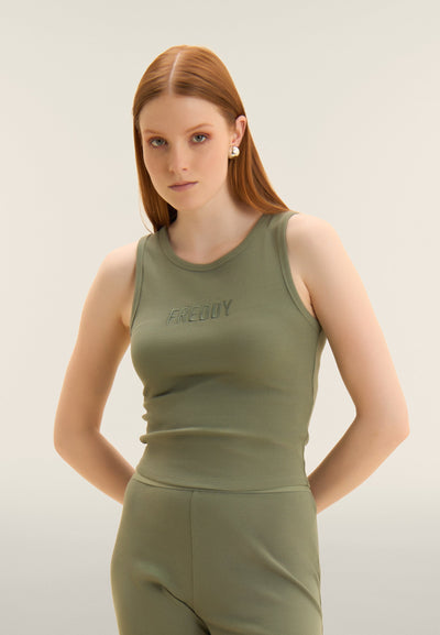 Khaki Cropped Ribbed Tank with Embroidered FREDDY Logo