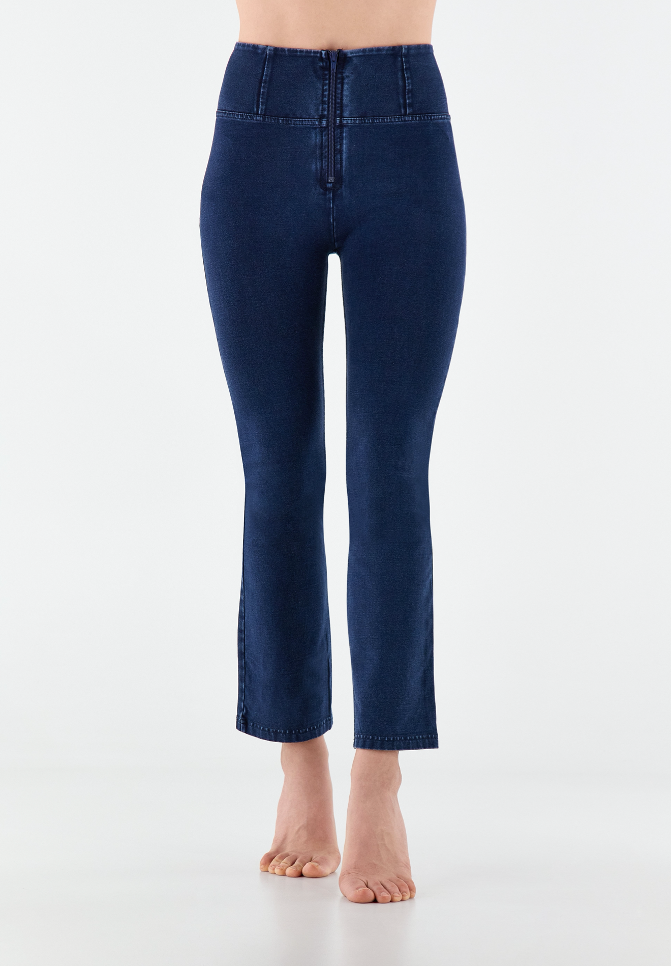 ANKLE LEG DARK DENIM BLUE STITCH FLARES HIGH RISE