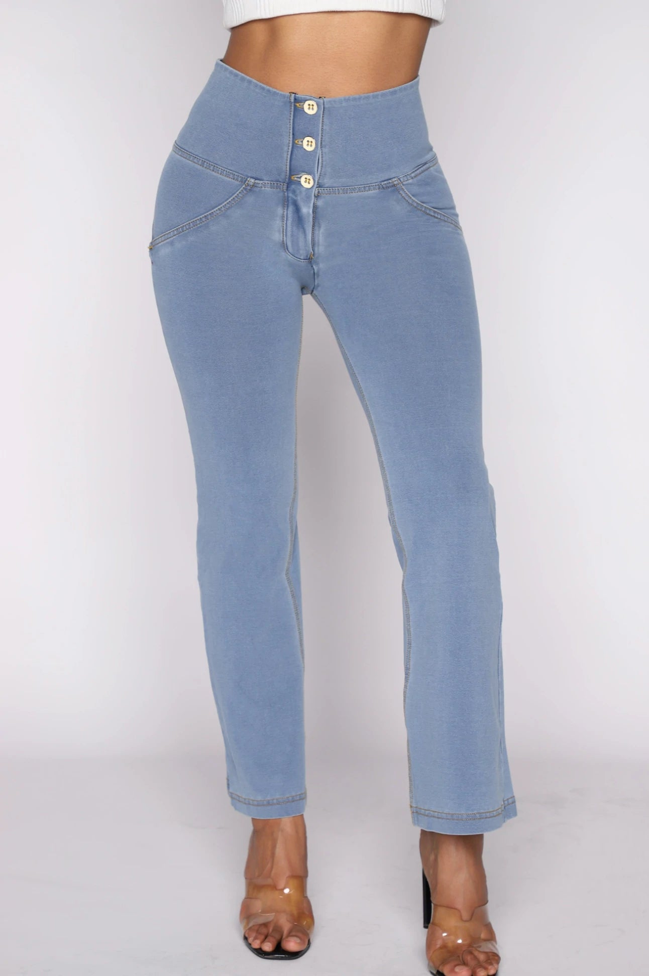 7/8 ANKLE 3 BUTTON LIGHT DENIM YELLOW STITCH FLARES HIGH RISE