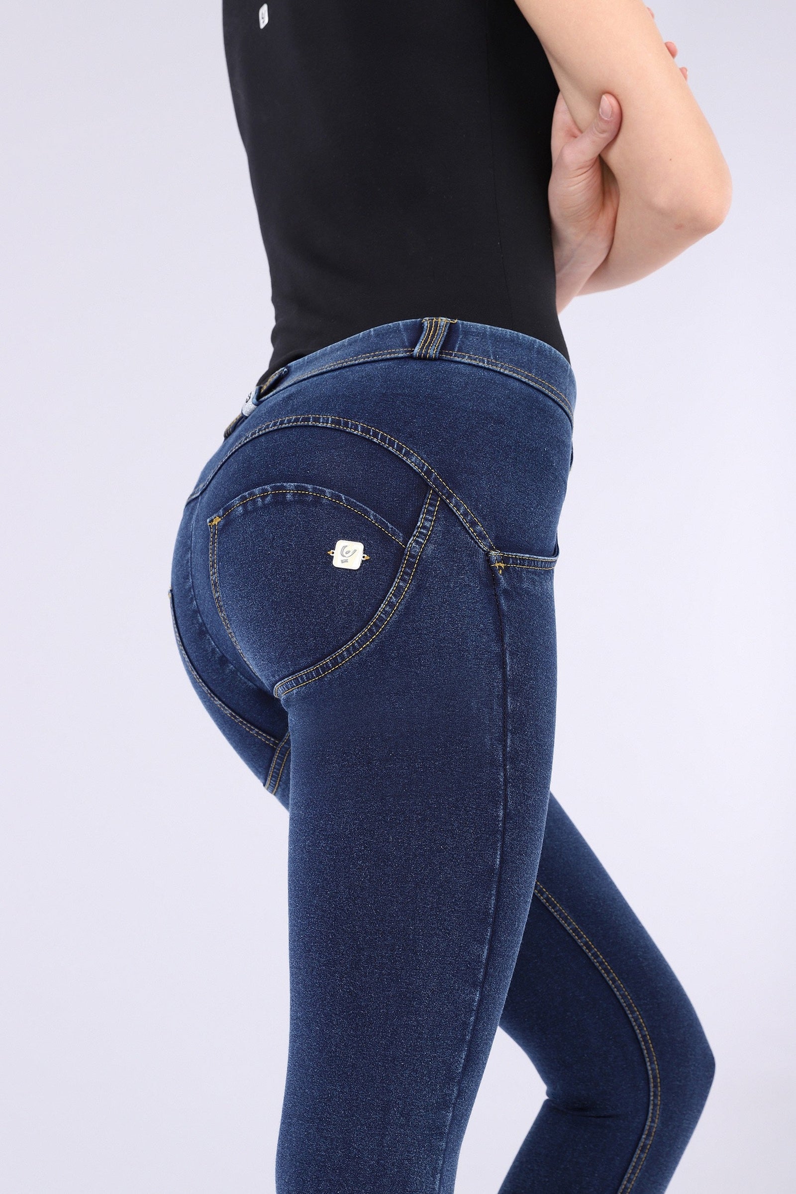 DARK DENIM YELLOW STITCH MID-RISE ORGANIC