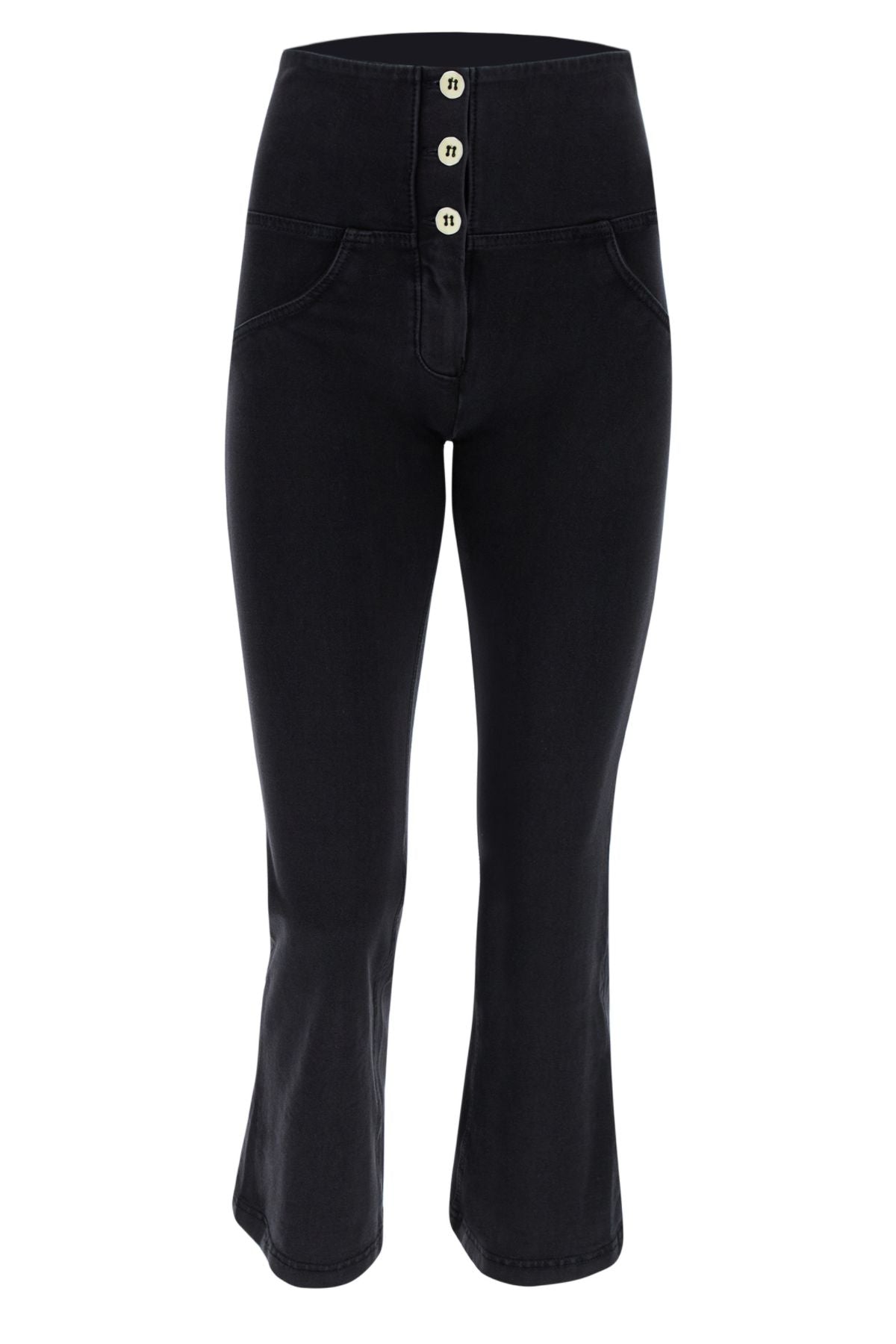 7/8 ANKLE BUTTON BLACK DENIM BLACK STITCH FLARES HIGH RISE