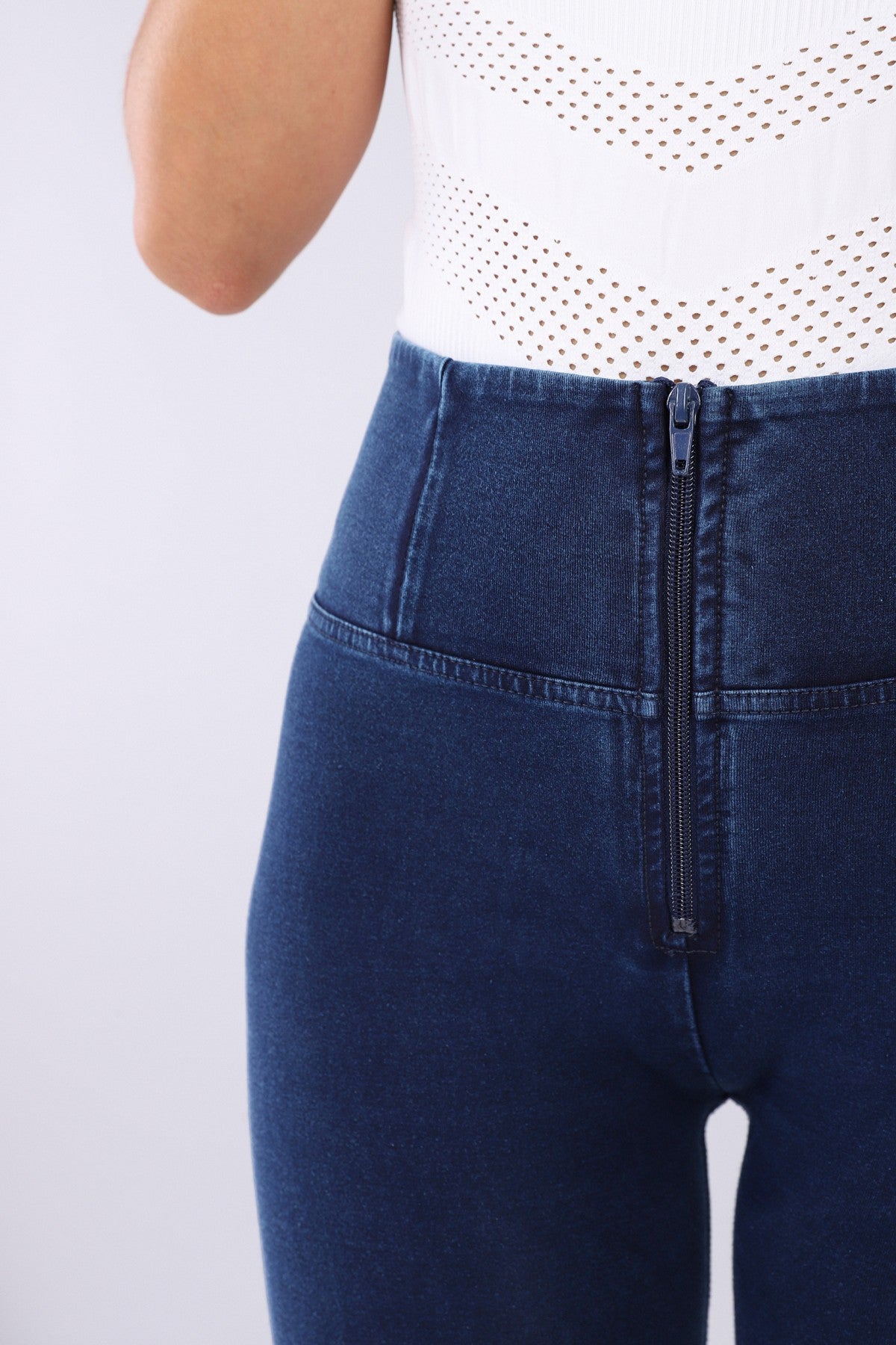 DARK DENIM BLUE STITCH HIGH RISE SELF TONE ZIP